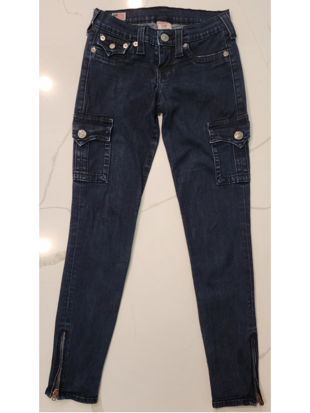 True Religion Krista Skinny Cargo Jeans Size 26 Dark Wash Ankle Zip Y2K USA
